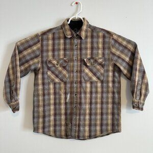 Berne Apparel Casual Button Down Mens Medium Brown Plaid Distressed Shacket